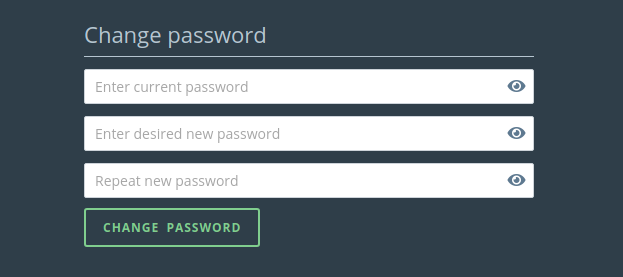 Screenshot of the Settings page with a title that reads "Change password" and three text input with placeholders "Enter current password", "Enter desired new password" and "Repeat new password". On the bottom a button with text "Change Password".