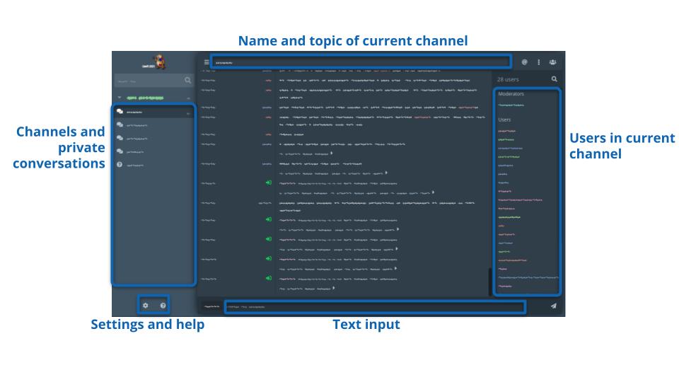 Screenshot of The Lounge interface showing a three-panel layout with a list of channels and private conversations to the left, the main conversation in the middle and a list of users in the current channel to the right. On top ist he name and topic of the current channel. On the bottom, the tex input where you type your messages. On the lower-left, there are two buttons: Settings and Help.